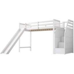 OKWISH Cama alta infantil blanca de madera con tobogán 90x200 cm