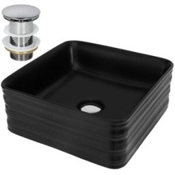 ML-Design Lavabo negro cuadrado de cerámica con desagüe plateado