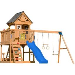 Axi Parque infantil con columpio doble, tobogán azul, trapecio