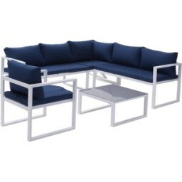 Happy Garden Conjunto de muebles de jardín de 7 plazas tela azul y aluminio blanco