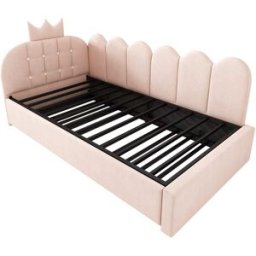 MODFU Cama tapizada con nido diseño corona 90x200 cm terciopelo rosa