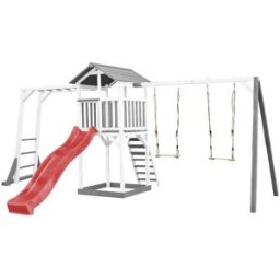 Axi Parque infantil con tobogán rojo, columpio doble, madera, blanco/gris