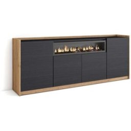 Skraut home Aparador efecto madera negro y roble 210x37x80cm chimenea efecto fuego