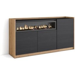 Skraut home Aparador efecto madera negro y roble 157x37x80cm chimenea efecto fuego
