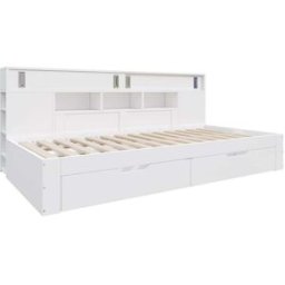 MODFU Cama infantil blanca 90x200 con 2 cajones y estantes