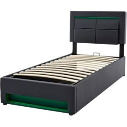 MODFU Cama negra con compartimento de pu 90 x 200 cm con luces led