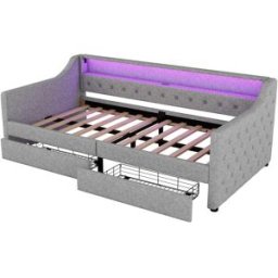 MODFU Cama infantil de lino gris 90x200 cm con 2 cajones y led