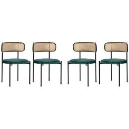Urban Meuble Juego de 4 sillas con respaldo de ratán y asiento de terciopelo verde.