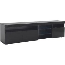MODFU Mueble tv con iluminación led y estantes de vidrio 180cm, negro brillo