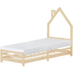 ML-Design Cama infantil 90x200cm + colchón 16cm madera natural en forma de casa