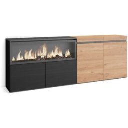 Skraut home Aparador efecto madera roble y negro 208x35x75cm chimenea efecto fuego