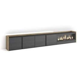 Skraut home Mueble tv efecto madera negro roble 315x35x50cm chimenea efecto fuego