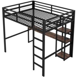 ComfortXL Cama alta 140x200 escritorio USB C estantes acero negro
