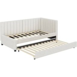MODFU Cama infantil terciopelo beige 90x200 cm con cama nido