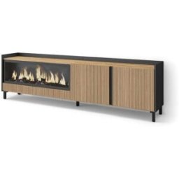 Skraut home Mueble tv efecto madera roble y negro 212x35x61 chimenea efecto fuego