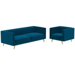 Maison Pavane Conjunto de sofá y sillón de terciopelo azul de 3 plazas