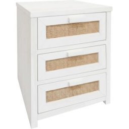 NATYAL Mesita de noche de madera y rafia natural 3 cajones tono blanco 40cm