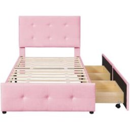 MODFU Cama infantil terciopelo rosa 90x200 cm con 2 cajones