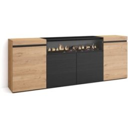 Skraut home Aparador efecto madera roble y negro 200x35x75cm chimenea efecto fuego
