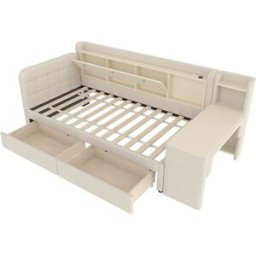 MODFU Cama infantil de lino beige de 90x200 cm con 2 cajones