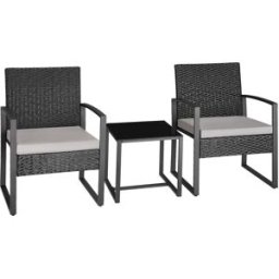 Tectake Juego de ratán 3 piezas, mesa de cristal, 41x41x39cm, gris claro/negro
