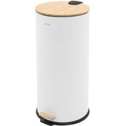 ML-Design Cubo de basura redondo con pedal 30L de acero blanco y tapa de bambú