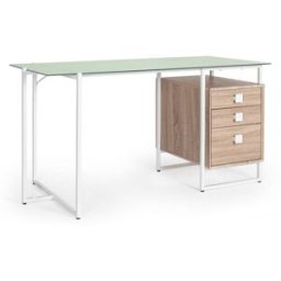 Konte.Design Escritorio de cristal y base de acero blanco, con cajones 142×69 cm