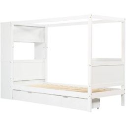 MODFU Cama infantil de madera blanca 90 x 200 cm con espacio de almacenaje