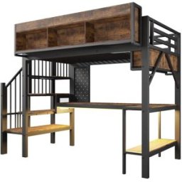 MODFU Cama alta escritorio esquinero almacenaje led 90x200 cm vintage-negro