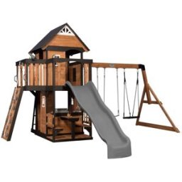 Backyard Discovery Área de juegos de madera con tobogán, columpio y rocódromo