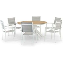 Defora Home Conjunto blanco mesa redonda y 6 sillas textileno