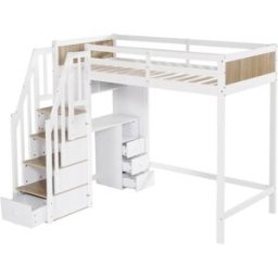 ComfortXL Cama alta infantil 90x200 cm con escritorio y escalera blanca