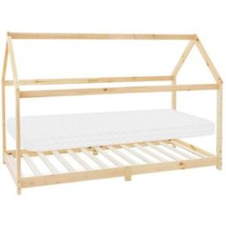 ML-Design Cama infantil casa 90x200cm natural con colchón de espuma y somier