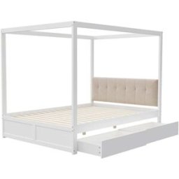 MODFU Cama infantil de madera blanca de 140 x 200 cm con cajones grandes