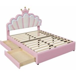 MODFU Cama infantil polipiel rosa 140x200 cm con 2 cajones
