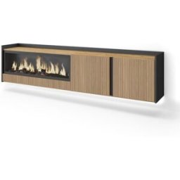 Skraut home Mueble tv efecto madera roble y negro 212x35x50 chimenea efecto fuego