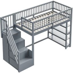 ComfortXL Cama alta infantil 90x200 cm con armario y almacenaje gris