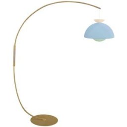 Tosel Lámpara de pie arco metal amarillo madera natural pantalla multicolor