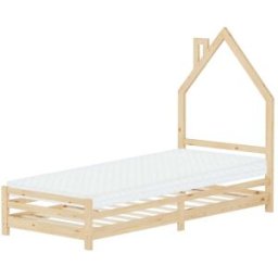 ML-Design Cama infantil 90x200cm + colchón 10cm madera natural en forma de casa