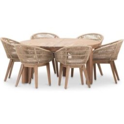 Defora Home Set de mesa redonda 150cm y 6 sillas de madera y cuerda