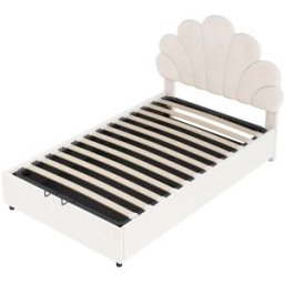 MODFU Cama infantil terciopelo beige 90x200 cm con espacio de almacenaje