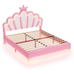 MODFU Cama infantil de cuero rosa de 140 x 200 cm con iluminación led