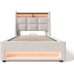 MODFU Cama infantil de lino beige 90x200 cm con espacio de almacenaje