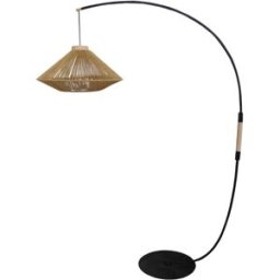 Tosel Lámpara de pie arco metal negro madera natural pantalla hilo natural