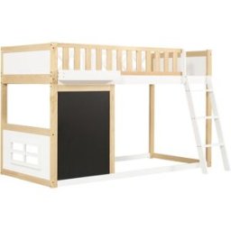 OKWISH Cama alta infantil blanco y natural de madera con pizarra 90x200 cm