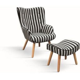 Konte.Design Sillón de tela a rayas blancas y negras,patas de madera,con reposapiés