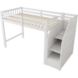 ComfortXL Cama alta infantil 90x200 cm con escalera de almacenaje blanca