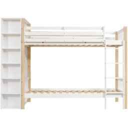 OKWISH Litera infantil blanca y natural de madera con armario 90x200cm