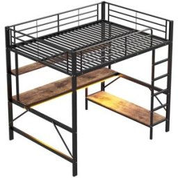 ComfortXL Cama alta infantil 140x200 cm con escritorio USB LED negra