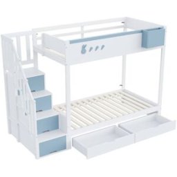 OKWISH Litera infantil blanco y azul de madera con almacenaje 90x200 cm